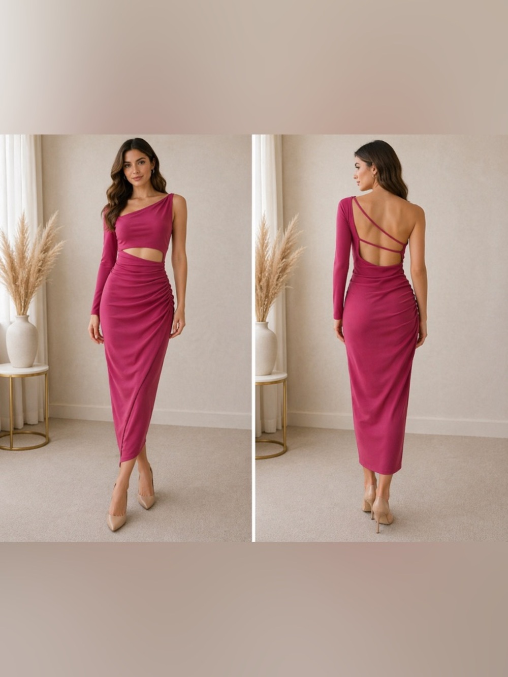 Zara Pink Asymmetrical One Shoulder Dress Open Back Ruched Bodycon Midi Small